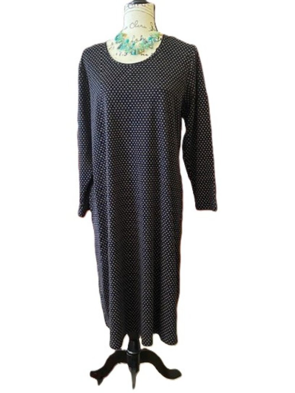 Lands End Women's Chemise Dress Black w Polka dots Size Large Petite (14-16)